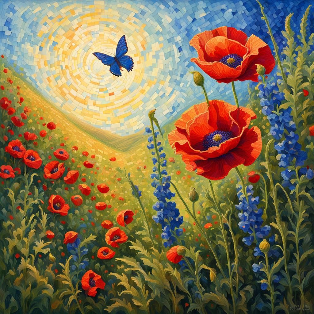 Poppy and Delphinium in Pointillist Meadow, 8K