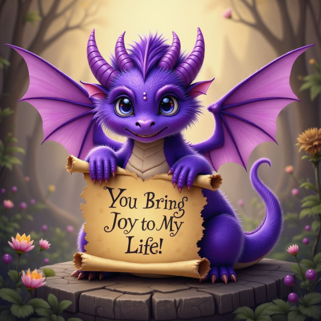 Cute Purple Dragon Holds Joyful Message in Fantasy Art