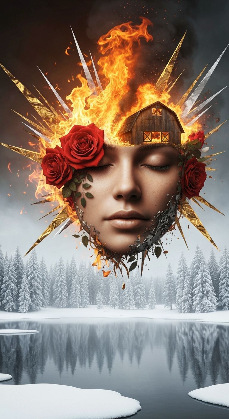 Serene Face Merging With Abstract Fire and Snow Landscape