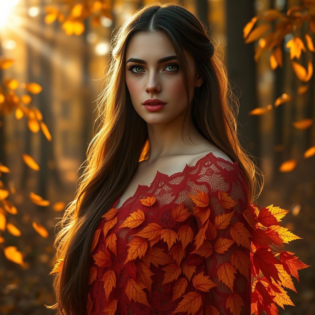Autumn Leaves Princess in Golden Light, Hyperrealism