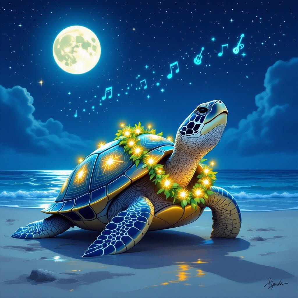 Mystical Turtle Singing on Moonlit Beach