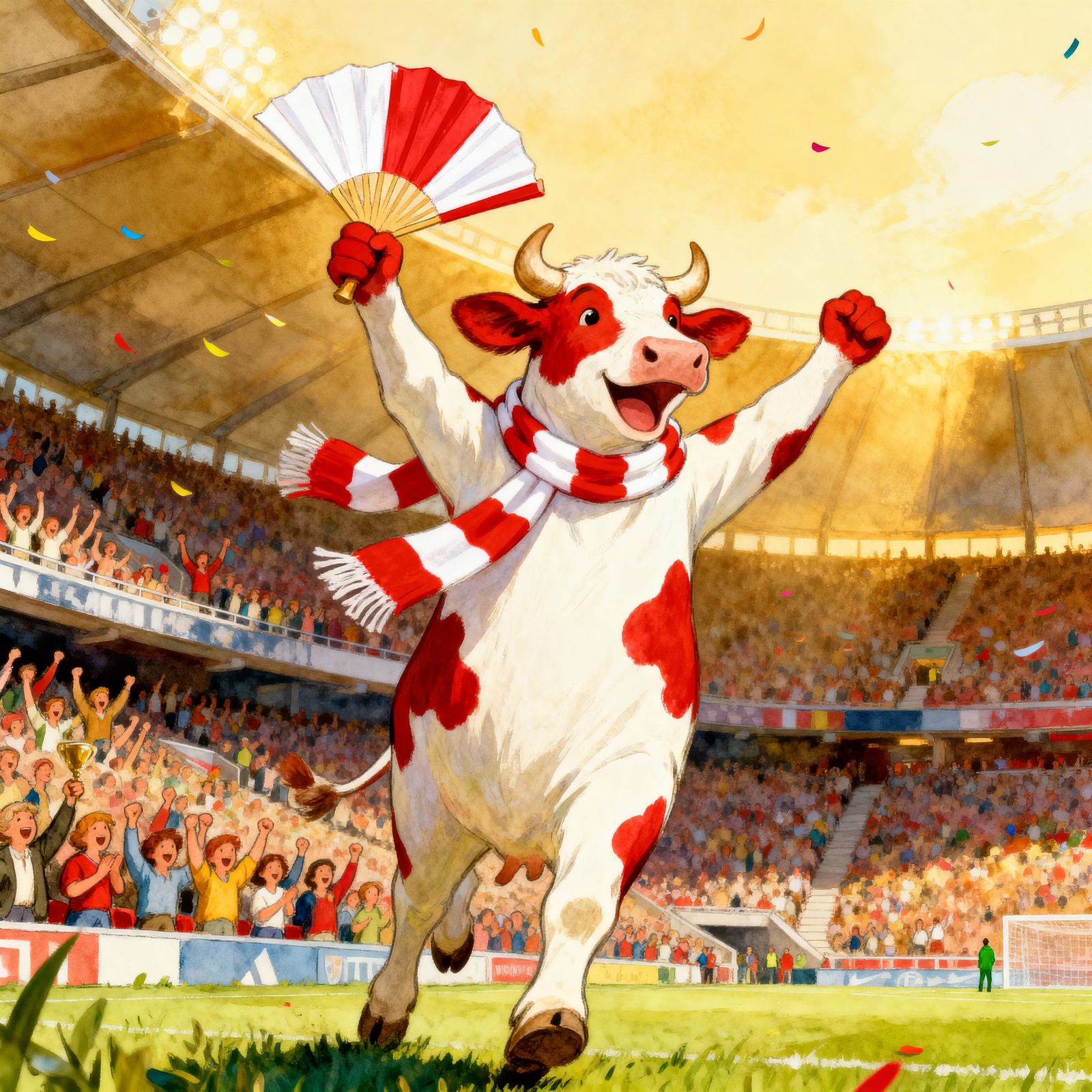 Joyful White and Red Cow Celebrates Victory in Stadium