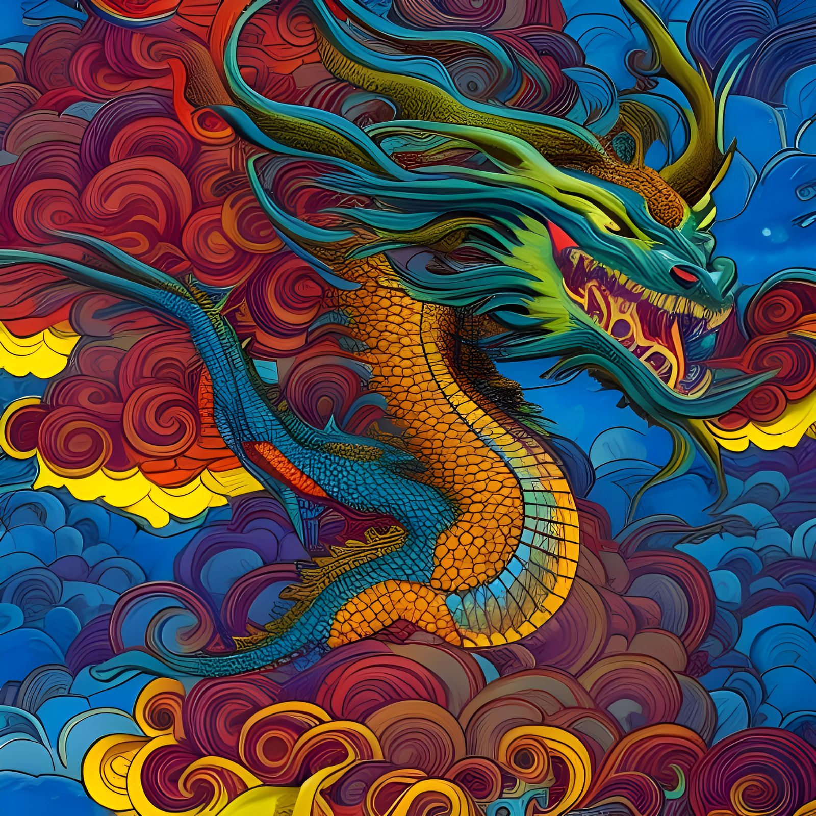 Psychedelic Dragon Portrait in Maximalist Style