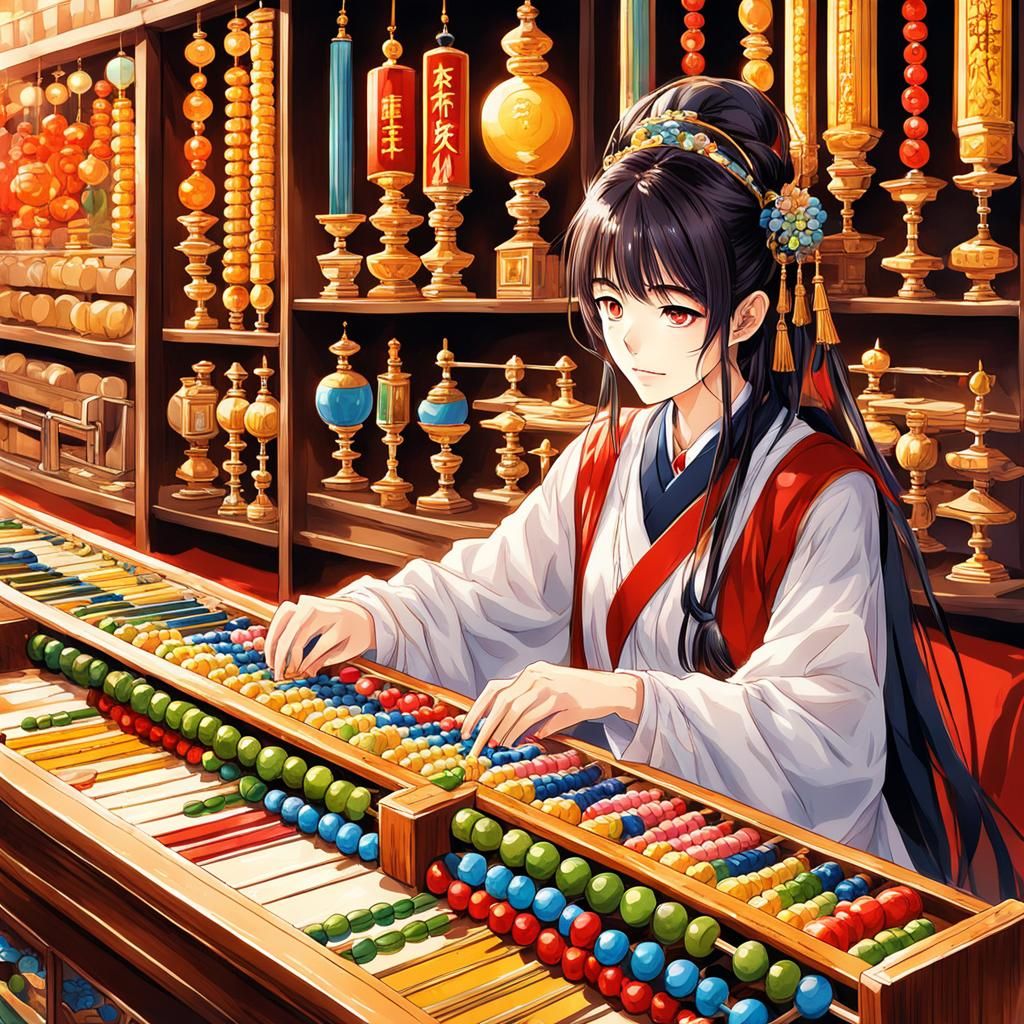 Chinese Student Uses Abacus in Anime Style