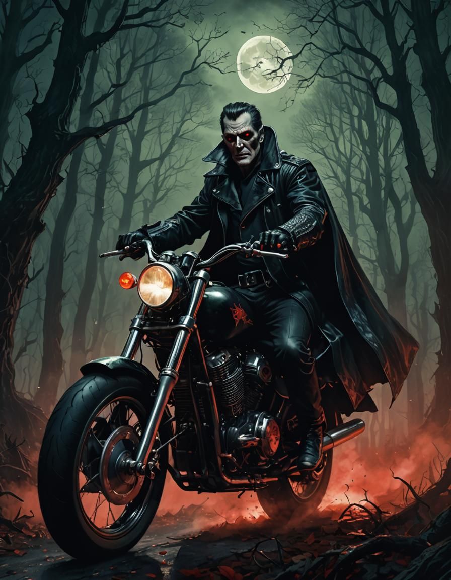 Vampire Motorbiker Rides Through Misty Forest