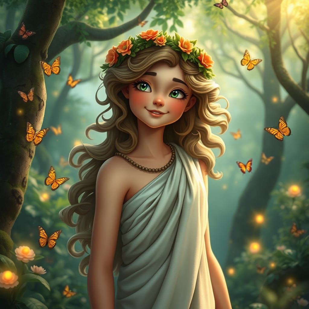 Whimsical Greek Nymph in a Vibrant Arcadian Landscape