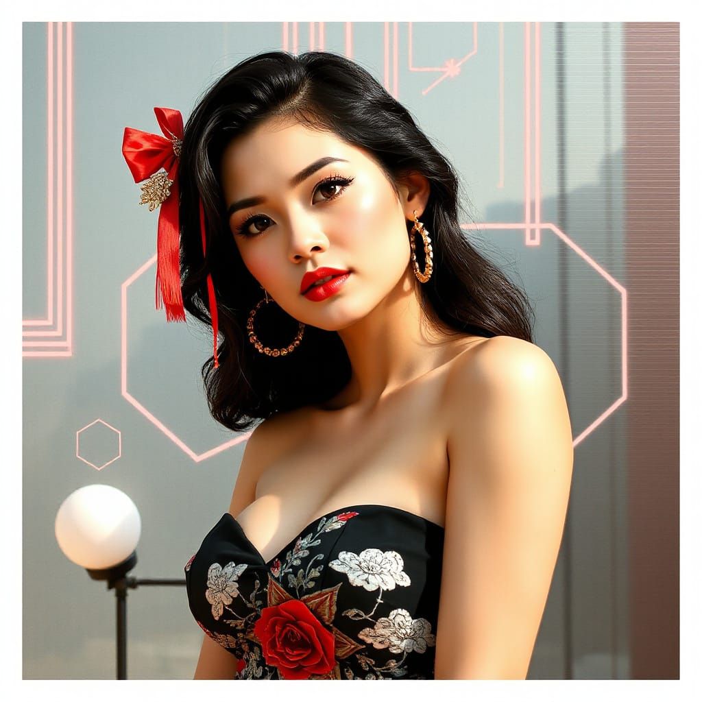 Vietnamese Pin-Up in Glitch Art Style