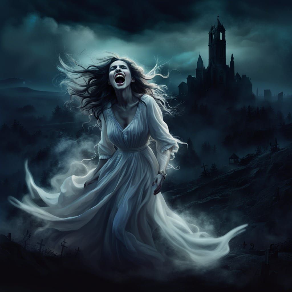 Noir Style Ghost Crying Above Town