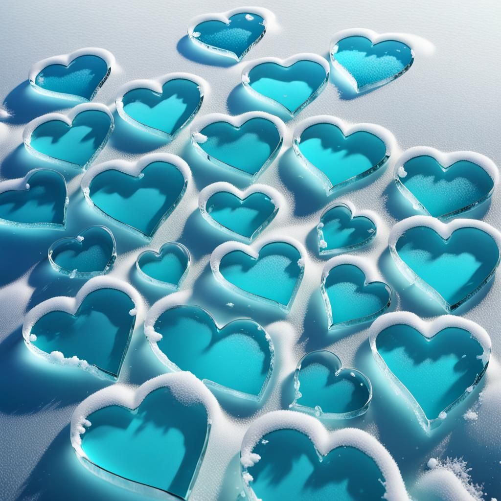 Turquoise Ice Hearts Gleam on Frozen Lake