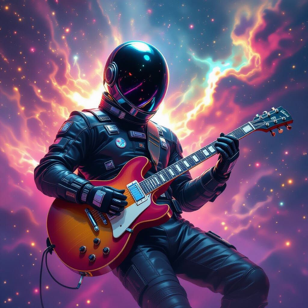 Astronaut Shreds Guitar in Nebula, Hyperrealistic Style
