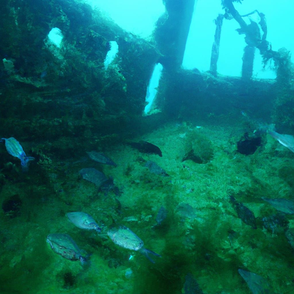 Sunken Ship at Sea Bottom with Marine Life