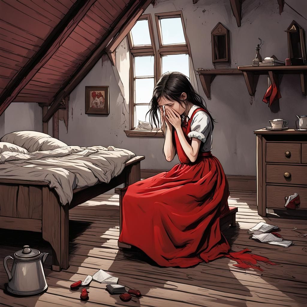 Girl Crying in Attic Bedroom with Red Apron
