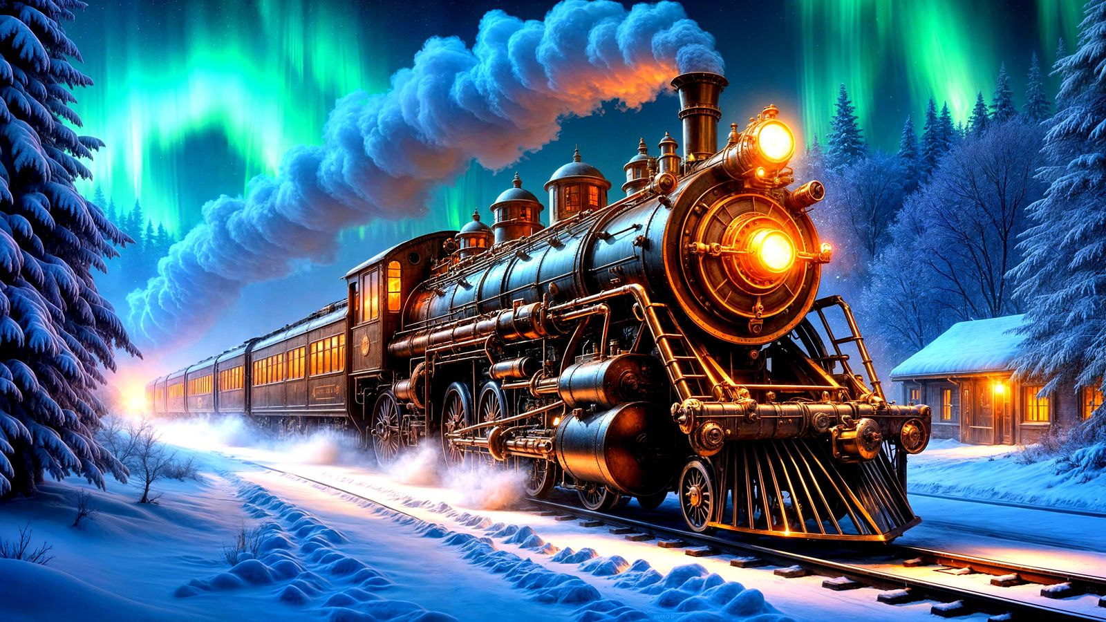Aurora-Enveloped Steampunk Locomotive on Frosty Tracks