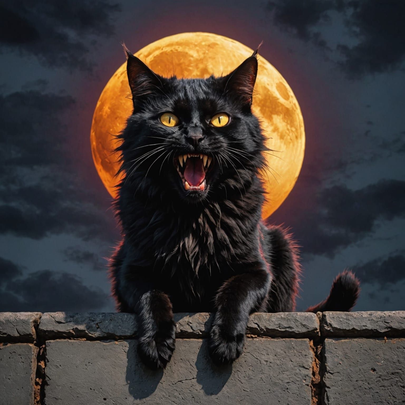 Frightening Rabid Black Cat Under Bloodmoon