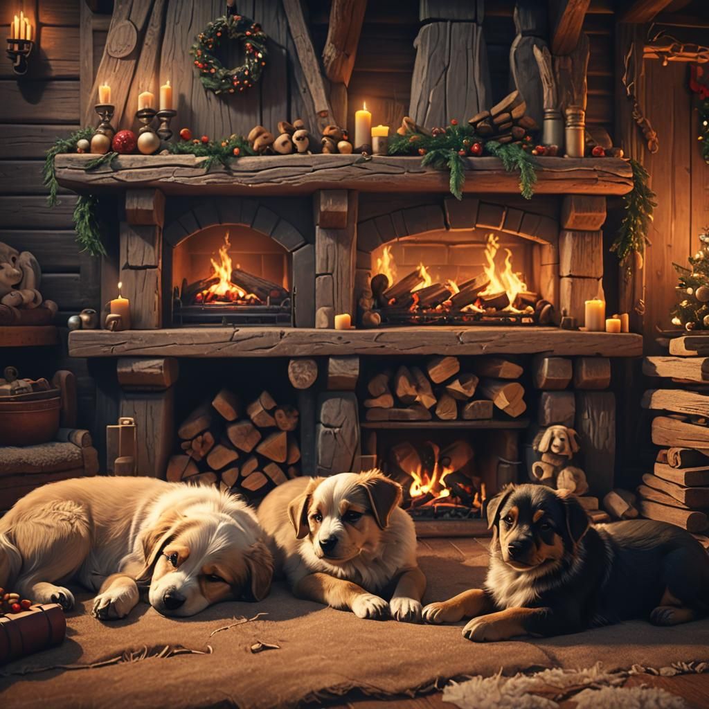 Puppies Sleeping by Yule Log Fireplace: Cozy Cabin Scene