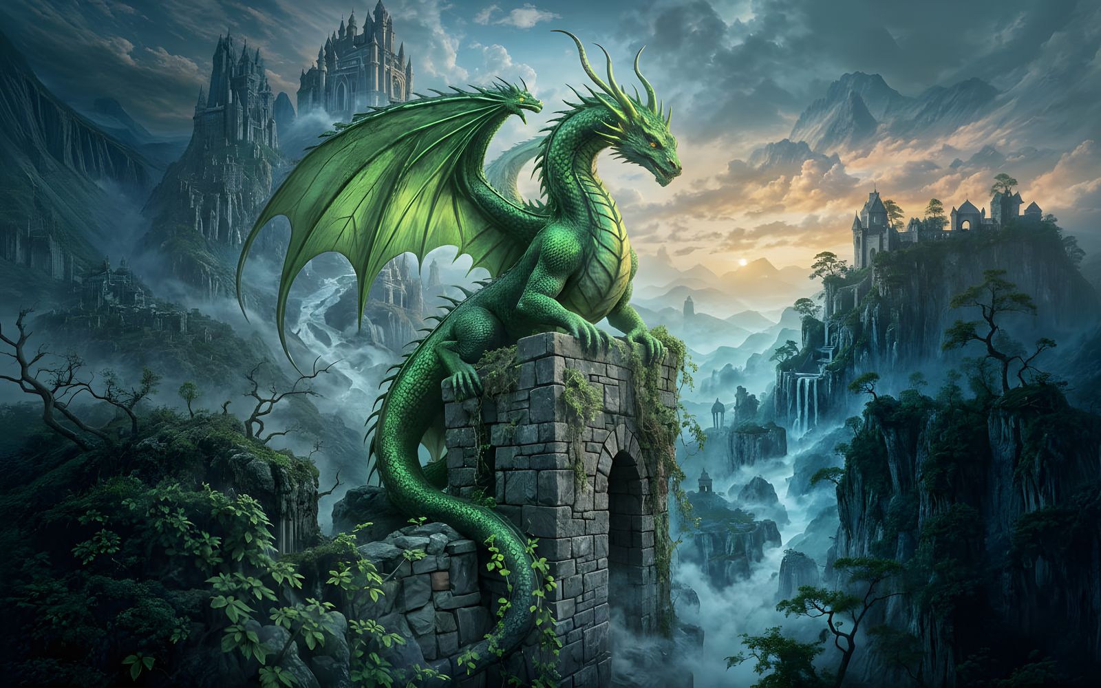 Ancient Jade Dragon on Castle Ruins in Ethereal Mist
