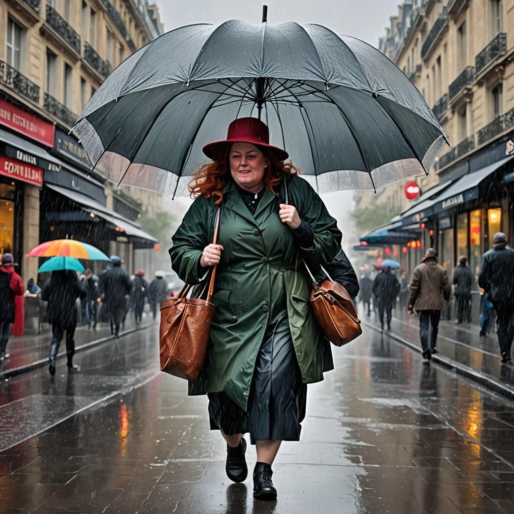 Redhead in Paris with Umbrella: Surrealist Gouache Painting