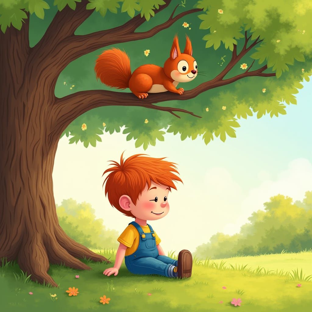 Children's Book Illustration: Boy and Squirrel Under Oak Tre...