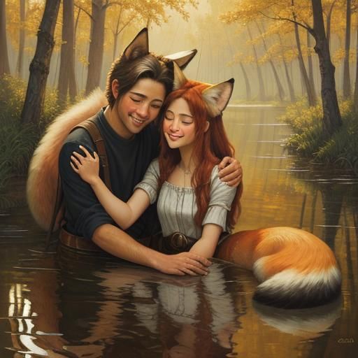 Girl with Fox Features Embracing Boy as Oil Painting