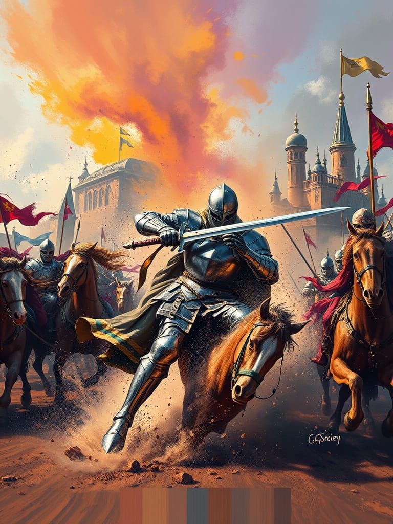 Knight in Chaotic Charge, Digital Painting with Graffiti Art...