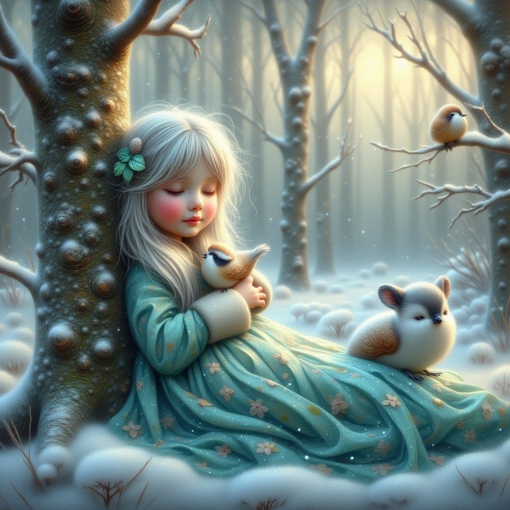 Woodland Child Sleeps in Serene Winter Forest at Dawn