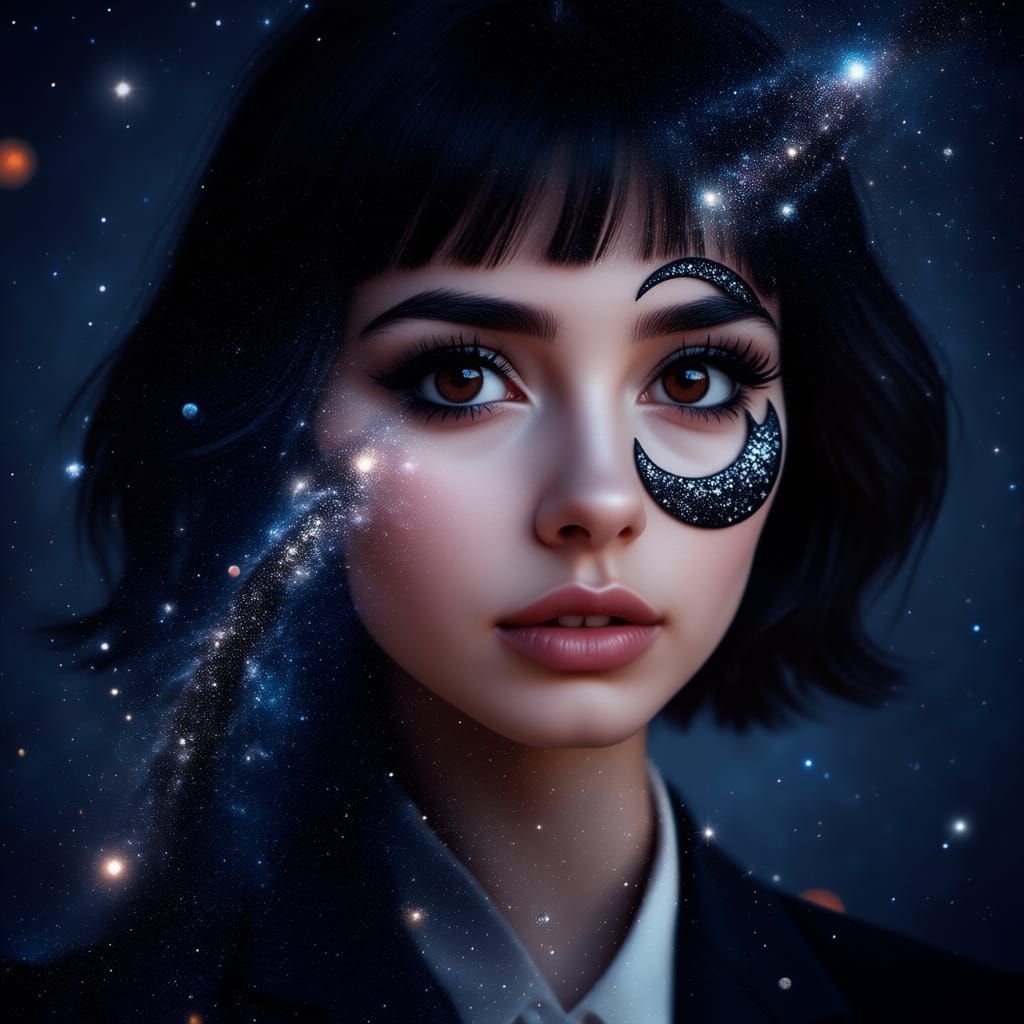 Goth Woman Double Exposure Galaxy Portrait