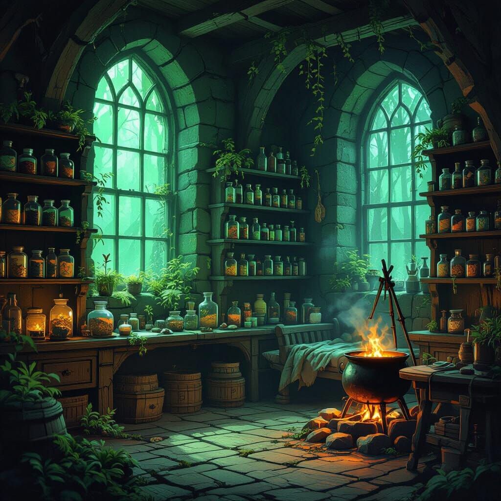 Eerie Dark Forest Apothecary in Ethereal Green Light
