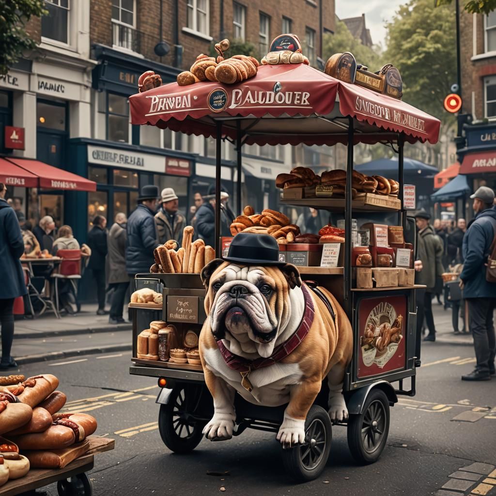 Bulldog Sausage Vendor in London: Detailed Matte Painting