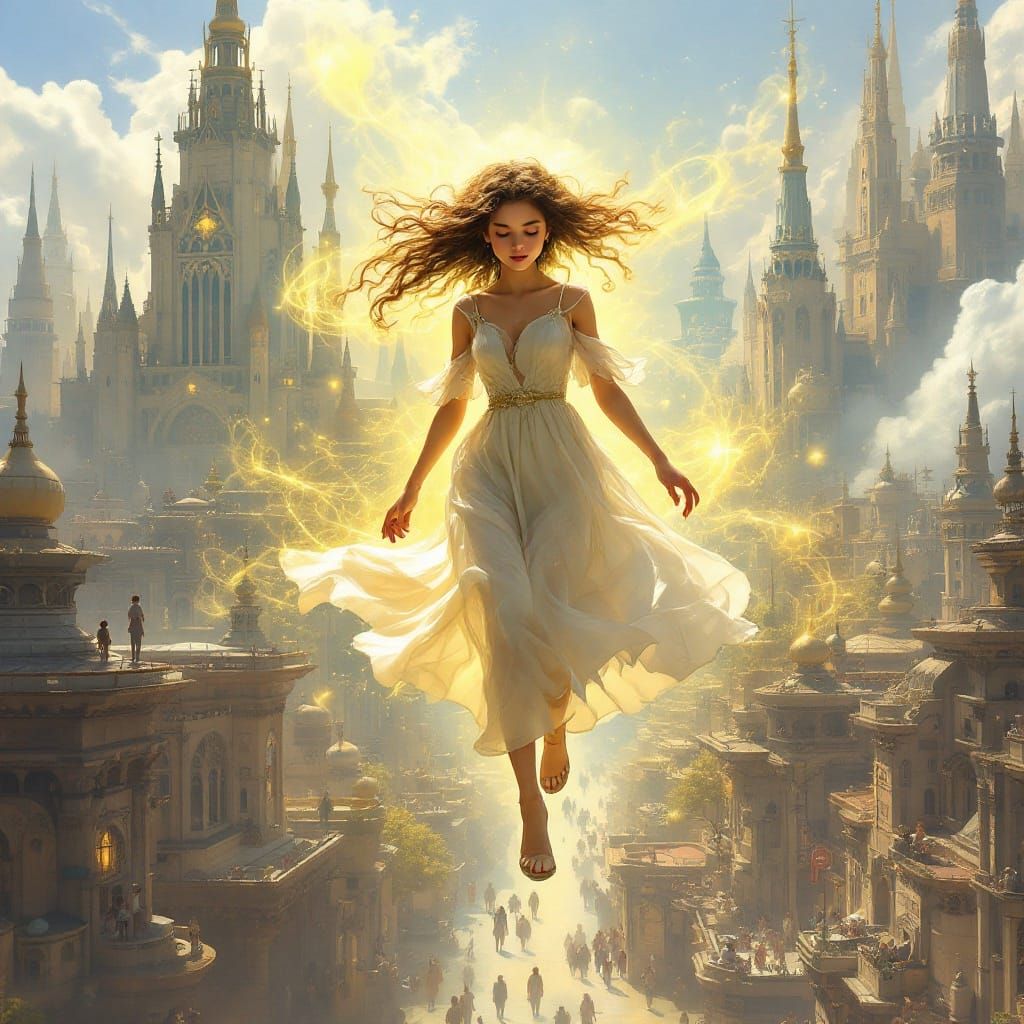 Girl Walks on Air in Fantasy City