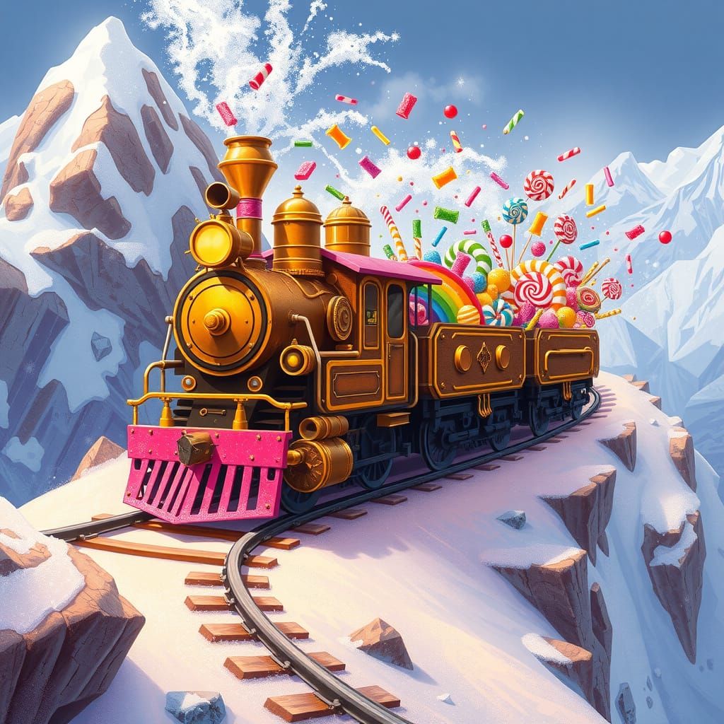 Vibrant Steampunk Train Chugs Along Sugar Mountain
