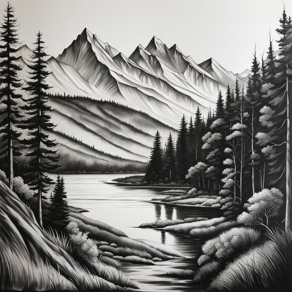 Charcoal Mountainscape in Crisp Line Art Style