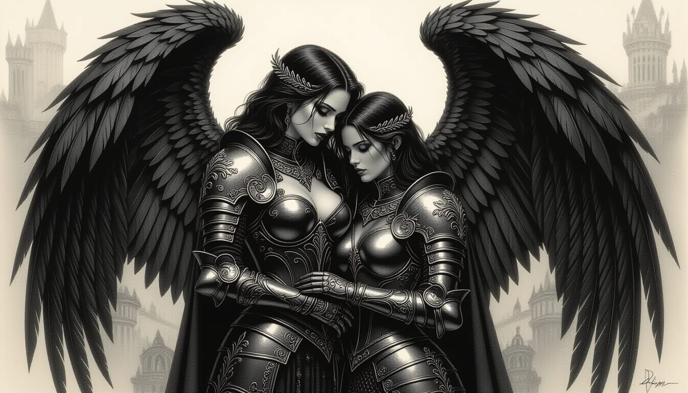 Fallen Angel Protecting Knight in Charcoal Drawing