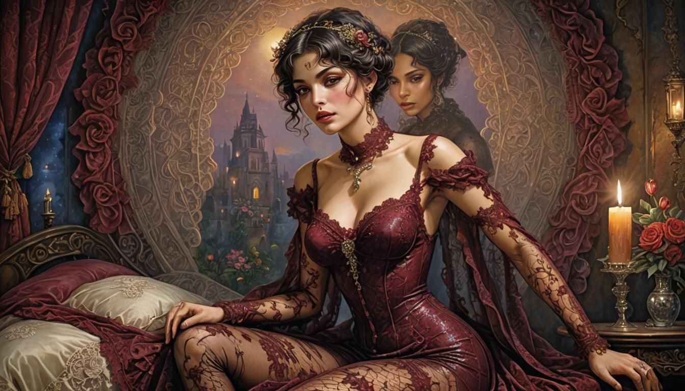 Olive Skinned Woman in Lace Lingerie, Gothic Art