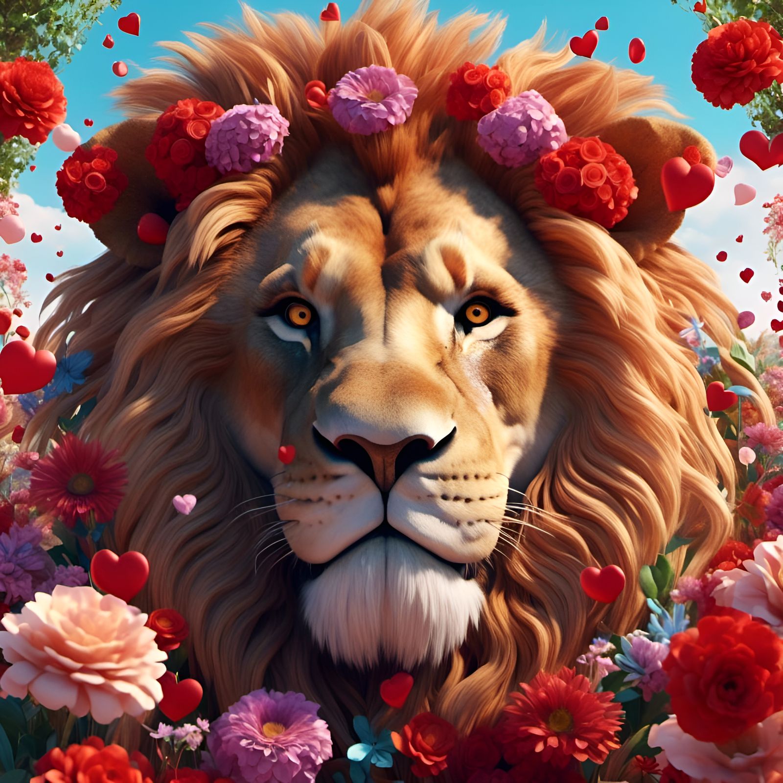 Hyperrealistic Lion Surrounded by Hearts and Flowers