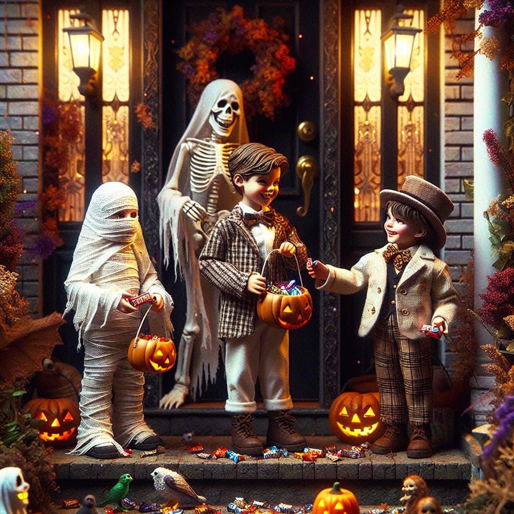 Halloween Trick-or-Treaters Receive Candy: Hyperrealistic Im...