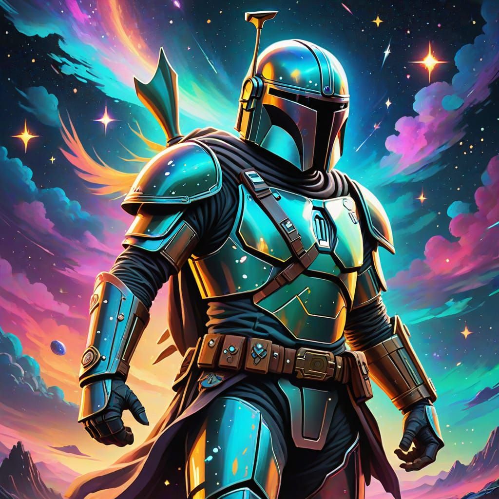 Mandalorian Warrior in Vibrant Cosmic Space