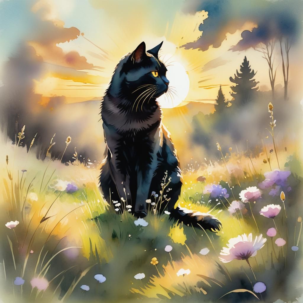 Black Cat in Sunny Meadow Watercolor Painting