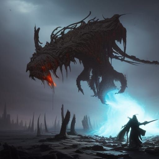 Hellboy and Giant in Dark Fantasy Art