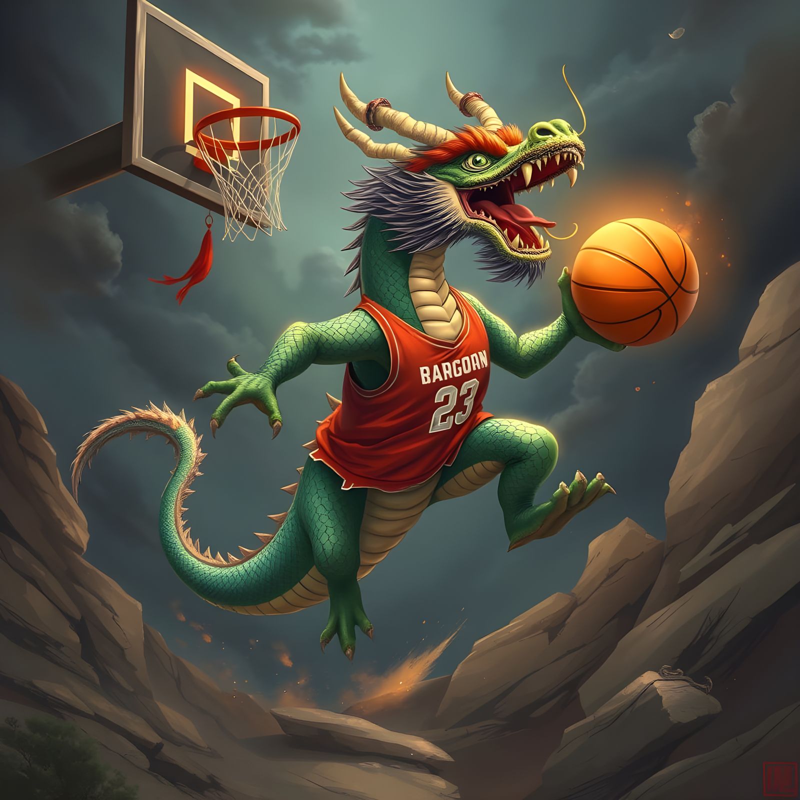 Chinese Dragon Plays Basketball in Mythic Scene