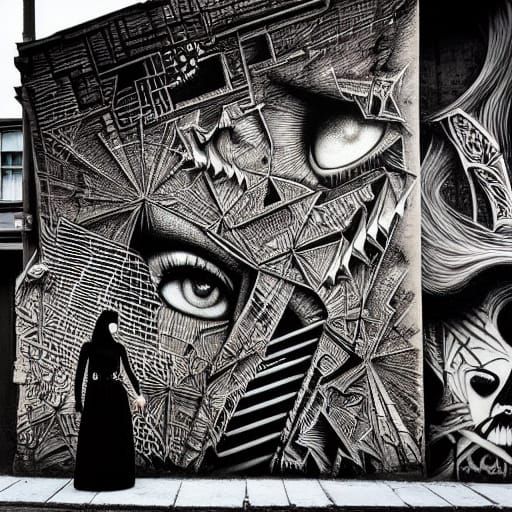 Goth Fashion Model in Escher-Inspired Urban Mural