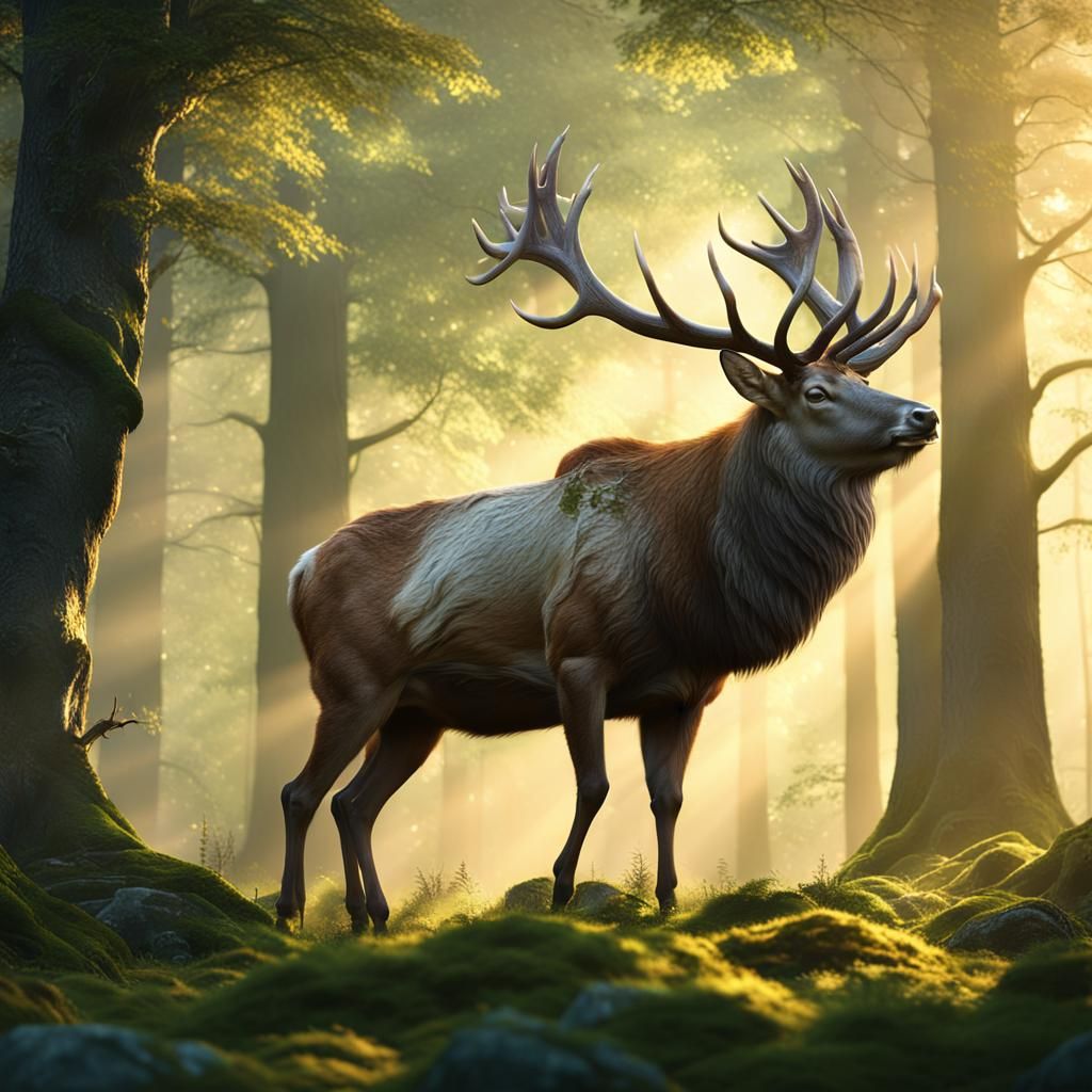 Majestic Stag in Lush Forest, Digital Matte Painting