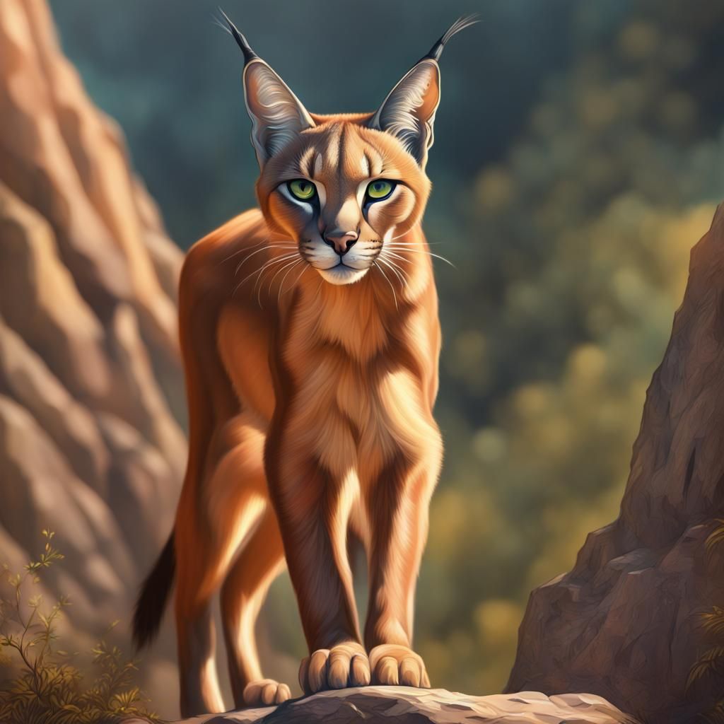 Hyperrealistic Caracal in Mountain Landscape