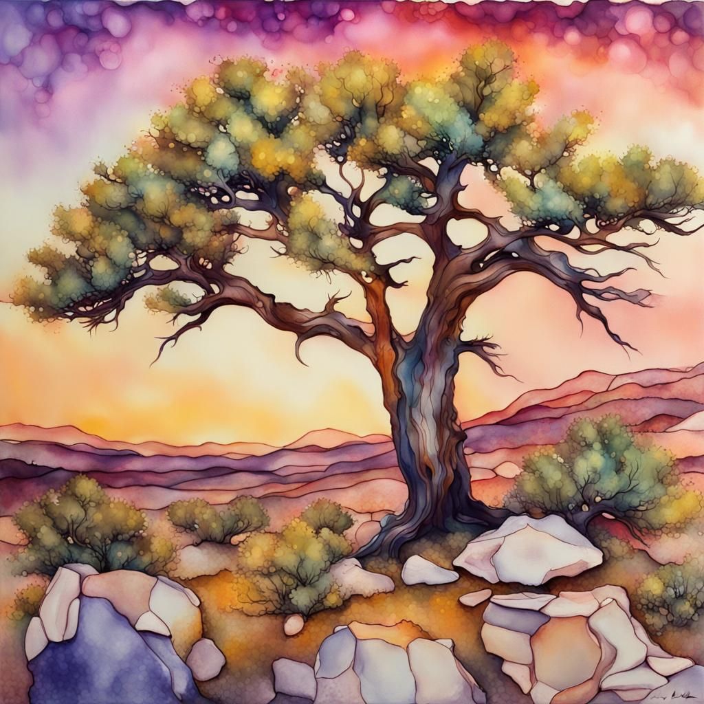 Pinyon Juniper Savanna Sunset: Alcohol Ink Landscape