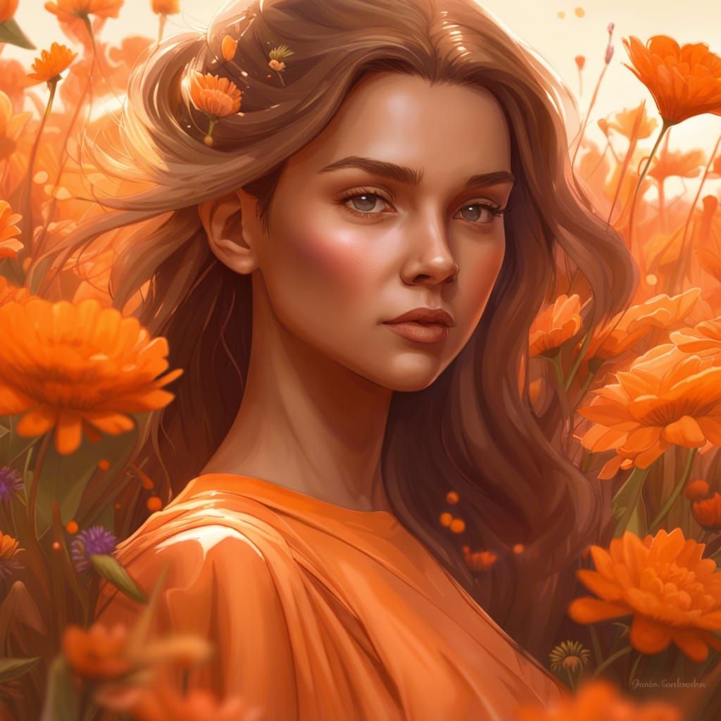 Girl in Orange Dress, Hyperdetailed Art Nouveau Portrait