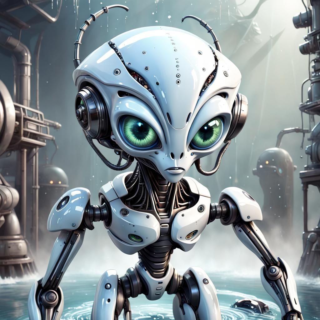 Cartoon Robotic Alien Machine with Realistic Eyes