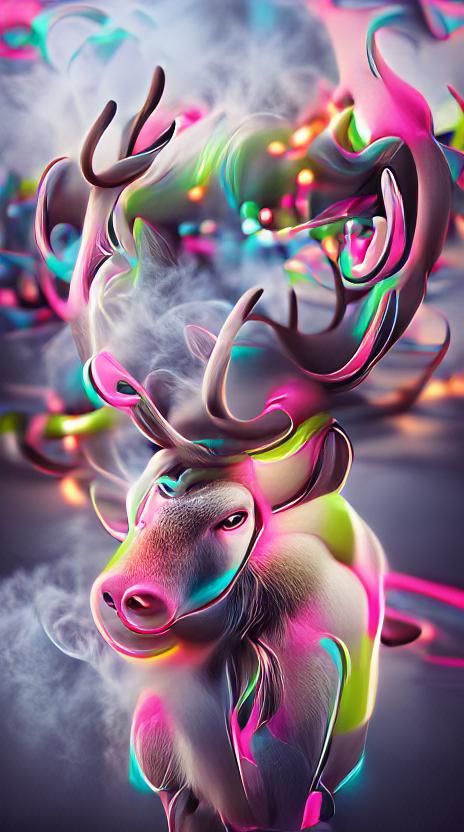 Pastel Neon Reindeer in Swirling Smoke