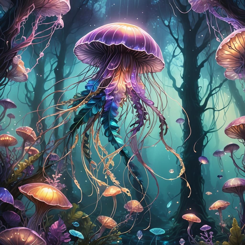 Iridescent Fish in Bioluminescent Ocean Forest