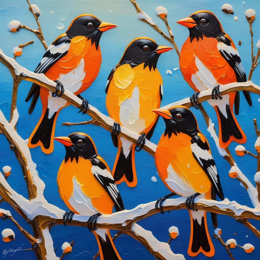 Vibrant Neo-Impressionist Oil Painting of Orioles on Birch T...