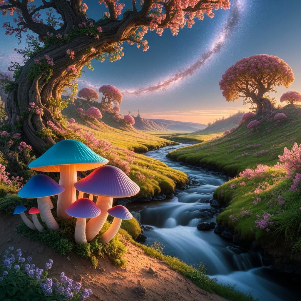 Vibrant Mushrooms in Fractal Grove Under Milky Way