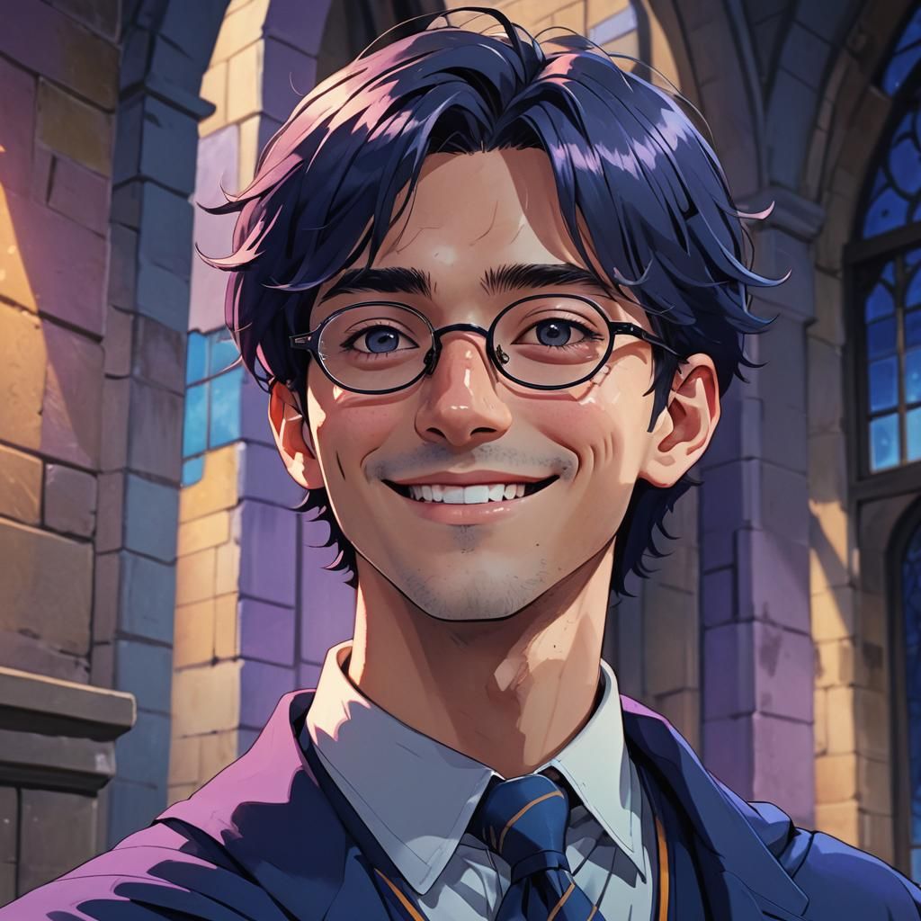 Anime Portrait of Smiling Ravenclaw Student with Glasses